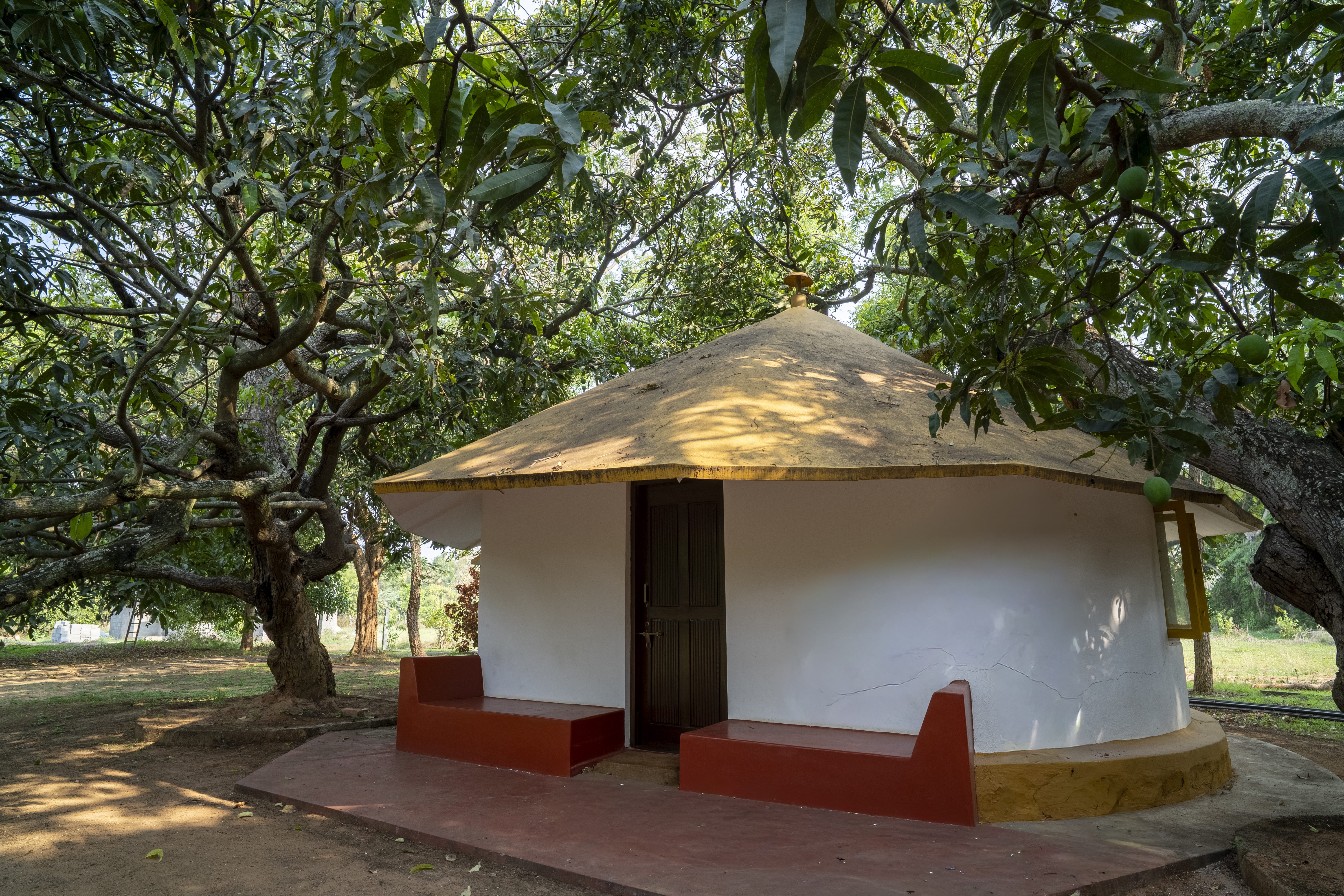 Shanti cottage with circular walls under mango canopy